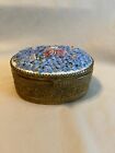 Vintage Floral Brass Jewelry Box: Blue Inside With Blue And Pink Flowers On Top