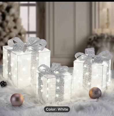 Christmas Present Tree Decoration Light Up Glitter LED Parcel x3 Xmas Silver - Image 1 of 3