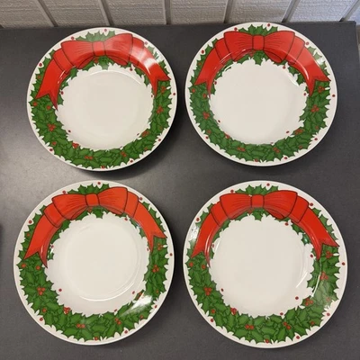 Vintage 1976 Fitz & Floyd Holly Wreath 9” Porcelain Bowl x8 Japan Christmas - Image 1 of 4