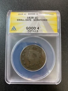 1828 CORONET HEAD LARGE CENT ANACS G-4 DETAILS - LARGE CENT - CERTIFIED SLAB -1C - Picture 1 of 2
