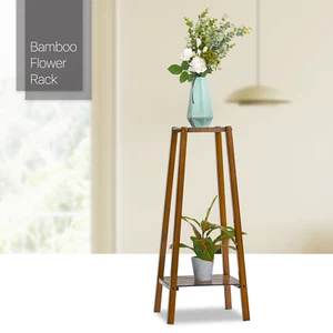 13" Brown Bamboo 2-Tier Patio Plant Rack Flower Pot Display Stand Planter Holder - Picture 1 of 10