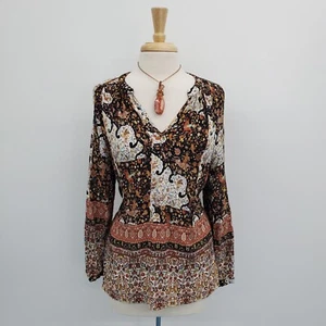 Christian Siriano Womens Multicolor V-Neck Boho Top Blouse Size L Long Sleeve - Picture 1 of 15