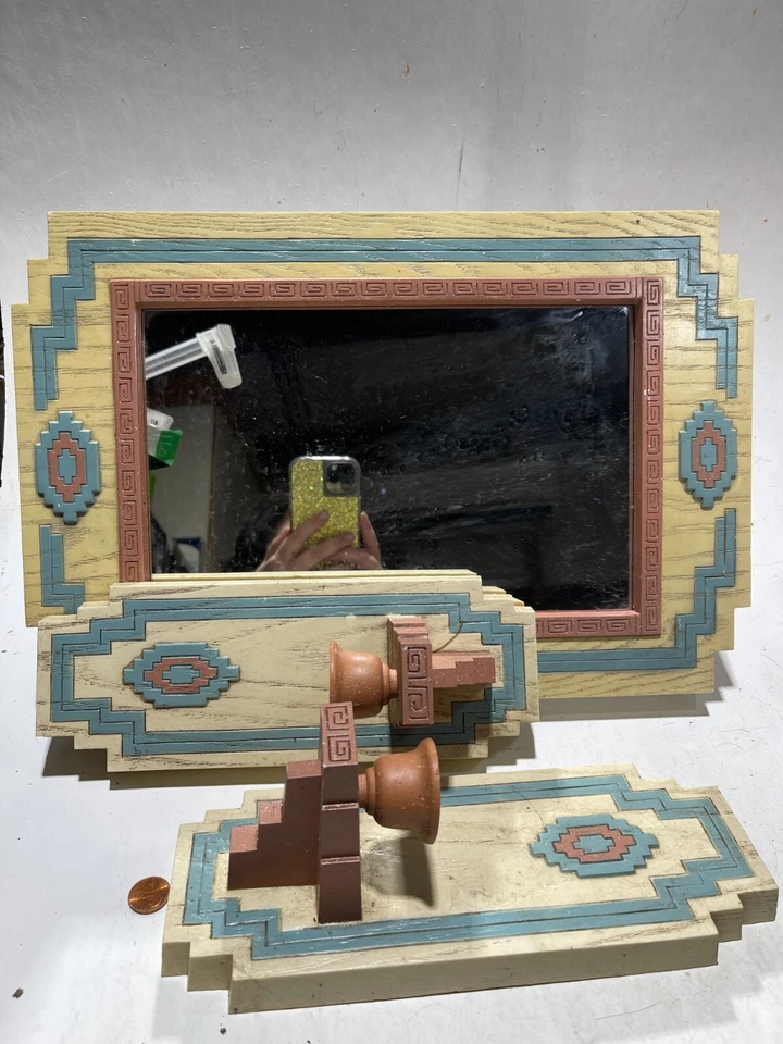 Espelho asteca decoração de parede madeira de 3 vintage com castiçais - Imagem 1 de 2