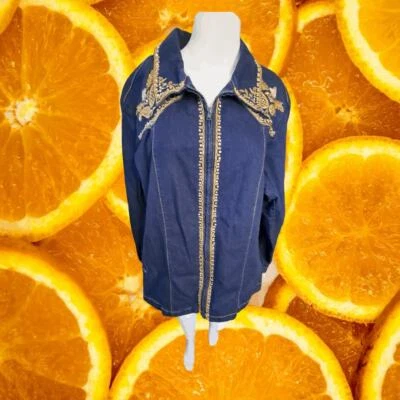 Vintage Victor Costa Denim With Gold Embroidered Full Zip Jacket Size 1X - Imagem 1 de 4