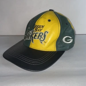Vintage Green Bay Packers Hat Cap Snap Back Green Gold NFL 90s Leather Football - Picture 1 of 13