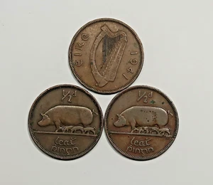 IRELAND:THREE IRISH HALFPENNIES 1940, 1941 & 1942. FREE SHIPPING - Picture 1 of 2