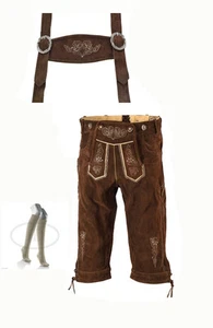 3 pezzi set folcloristico pantaloni in pelle pantaloni al ginocchio pelle con spalline e ginocchiere - Foto 1 di 10