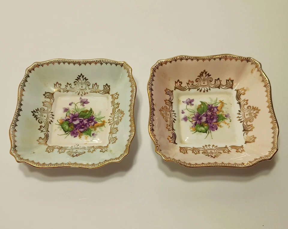Grosvenor Bone China 2 Vintage Trinket Dishes Gold Trim Floral - Image 1 of 4