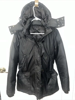 THEORY Women’s Size Small Black Puffer Hooded Mid-length Coat Jacket Down Filled - Image 1 of 4