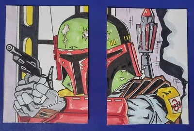 star wars BOBBA FETT puzzle sketch card art NATHAN OHLENDORF aceo 2-PC not topps - Image 1 of 4
