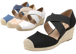 Women Close Toe Espadrilles Platform Wedge Sandals Cross Strap Dress Shoes - Picture 1 of 37