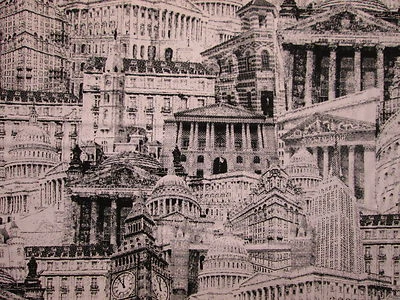 EDIFICIOS MONUMENTOS NYC WASHINGTON DC REINO UNIDO GRECIA NEGRO BLANCO TELA DE ALGODÓN FQ Foto 1 de 4