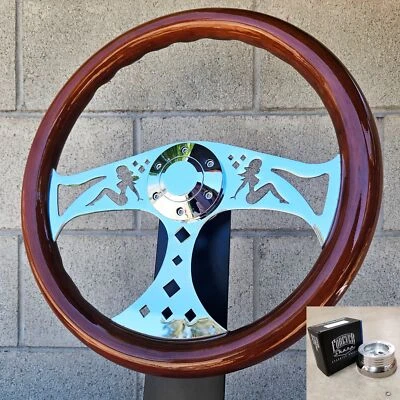 15" Cromo Guardabarros Niñas Madera Volante Buje Billet Horn GM Chevy Adaptador Foto 1 de 4