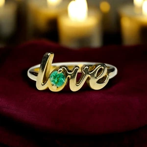 10K Gold -Natural Colombian Emerald Ring - Sz 6 -1.7g -LOVE Ring -Script Ring - Picture 1 of 24