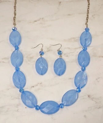 Blue bead necklace and earrings with oval beads and blue glass beads New — 第 1/4 张图片