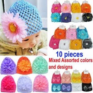10 pc Baby Girl Chiffon Flower Hats Infant Turban Crochet Newborn Knit 0-12M Lot - Picture 1 of 11