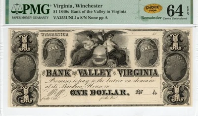 Virginia - Winchester - Bank of the Valley in VA - $1 - PMG Ch Unc 64 EPQ CHOICE - Image 1 of 2