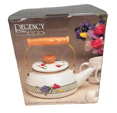 New Regency Club Cookware Enamel Tea Kettle Pot 4 Mugs Vintage Retro 2.5 Qt - Image 1 of 3