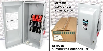 SIEMENS - GF223NR - INTERRUPTOR DESCONEXIÓN FUSIBLE 100A 1-3PH, 2P, 3W, 240V, 3R (NUEVO) - Imagen 1 de 4