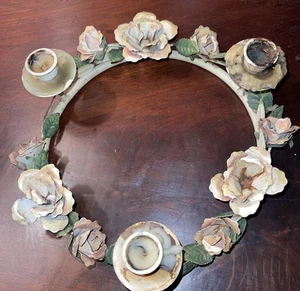 VTG Metal Toleware Floral Bouquet 3 Candle Holder 10” Diameter - Picture 1 of 12