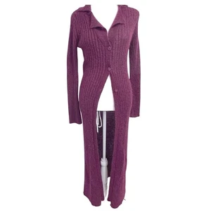 Burgundy Mohair Nylon Ribbed Collared Button Up Cardigan Duster Small Romantic - Picture 1 of 9