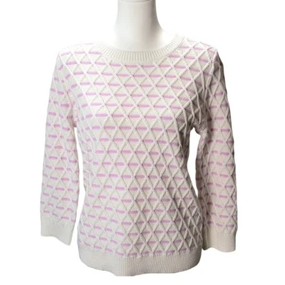 Talbots 女式棉亚麻白色紫色条纹毛衣 3/4 袖 S 码 — 第 1/4 张图片