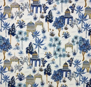 BALI JUNGLE WHITE CHINOISERIE ASIAN TEMPLE TOILE MULTIUSE FABRIC BY YARD 54"W - Picture 1 of 6