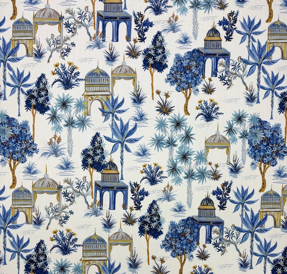 BALI JUNGLE WHITE CHINOISERIE ASIAN TEMPLE TOILE MULTIUSE FABRIC BY  YARD 54"W - Image 1 of 4