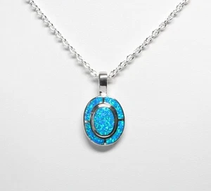 1.25" Sterling Silver Oval Blue Inlay Created Opal Pendant w/20" SS Cable Chain - Picture 1 of 9