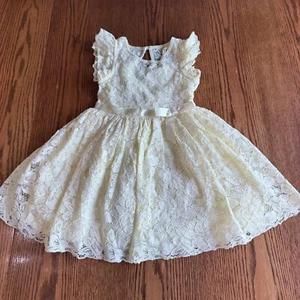 Zunie Girls Sz 6 Light Yellow Lace Fit Flare Dress, Short Ca  Sleeve Ribbon Bow - Picture 1 of 6
