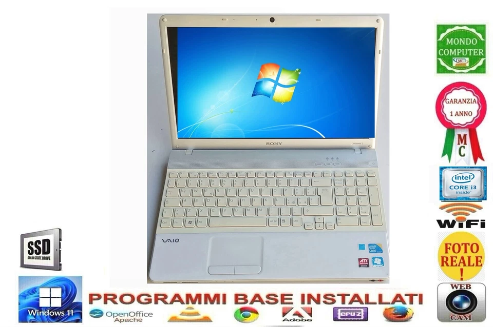 PORTATILE  SONY VAIO  PCG-71211M   CPU INTEL i3-M330  SSD  WEBCAM WINDOWS 15.6'' - Immagine 1 di 1