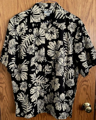 Edwards Hawaiian Shirt Black and Khaki Floral Button Down Men's Size Large - Image 1 of 4