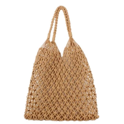 Khaki Women Straw Bag Cotton Rope Travel Beach Fishing Net Handbag  Shoulder Bag - Image 1 of 4