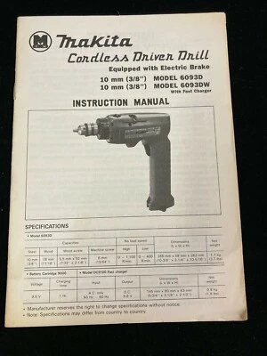 MAKITA 3/8" CORDLESS DRIVER DRILL 6093D,6093DW INSTRUCTION MANUAL & PARTS LIST - Image 1 of 2