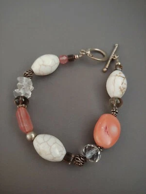 Vintage bracelet coral quartz white turquoise howlite German silver toggle 8" - Image 1 of 4