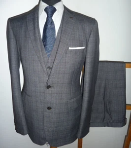 BURTON Tailored Fit 3 Piece Suit Grey Check 42 L Jacket Waistcoat Trousers 32 L - Picture 1 of 17