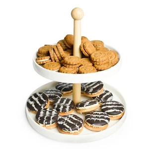 Etagere 2 Stöckig aus Porzellan mit Holzstamm Kuchenplatte Kuchenständer  - Bild 1 von 4
