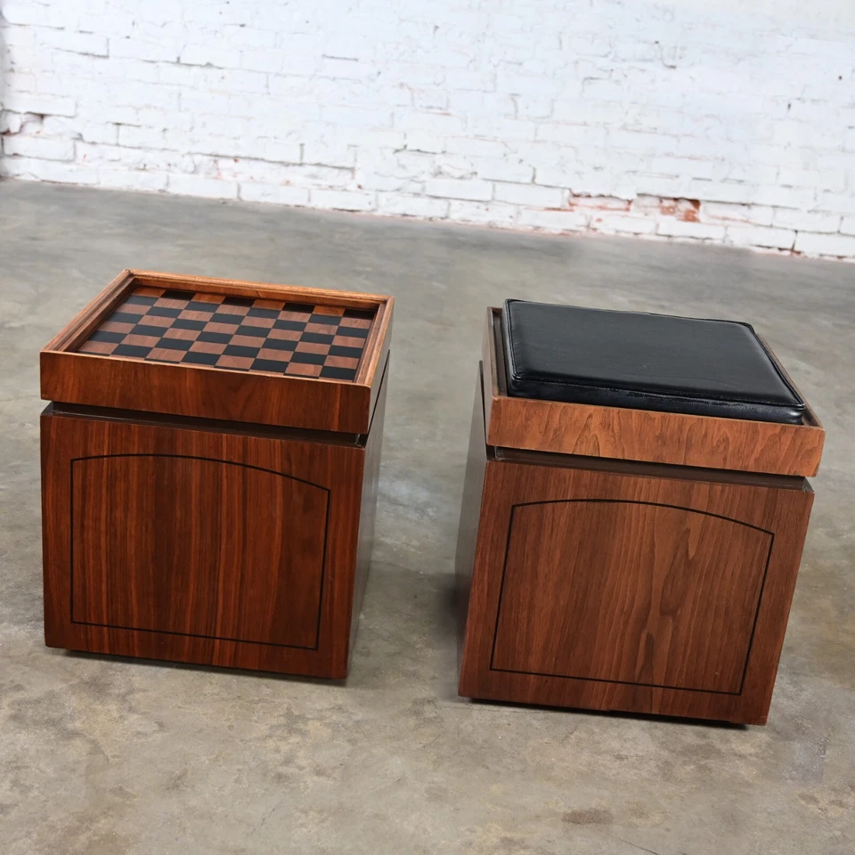 Pr Lane Rolling Cube Storage Ottoman End Tables Game Board Black Vinyl Flip Top - Image 1 of 4