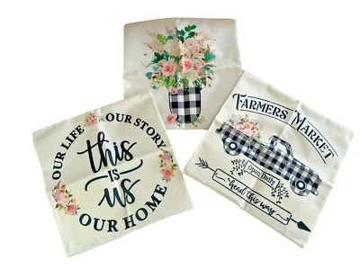 NIP *Set of 3* FARMHOUSE PILLOW COVERS Buffalo Check BLACK PLAID DECOR 15" Sq. - Image 1 of 4