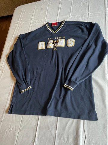 Men Lg. Vintage St. Louis Rams Long Sleeve V-Neck Embroidered Shirt Jersey Blue Cover