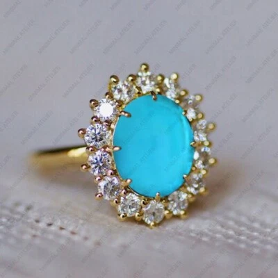 Oval Cut Turquoise & Moissanite Halo Engagement Ring, December Birthstone Ring - Image 1 of 4