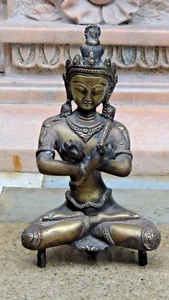 ANTIQUE 19c CHINESE GILT SEATED BRONZE BUDDHA STATUE 10"H - Picture 1 of 11