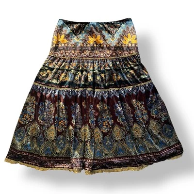Vintage Y2K I.C.E. Saia Midi Veludo Boho Camadas Tapeçaria Tamanho 8 - Imagem 1 de 4