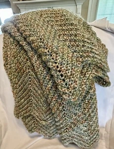 Hand Knit Afghan Zig Zag Throw Green Rust Teal Cream Vintage 60x50” - Picture 1 of 10