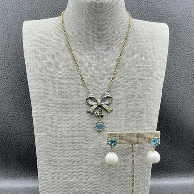 Betsey Johnson Bow Heart Necklace Earrings Set Blue Crystal Pearl Gold Tone - Image 1 of 4