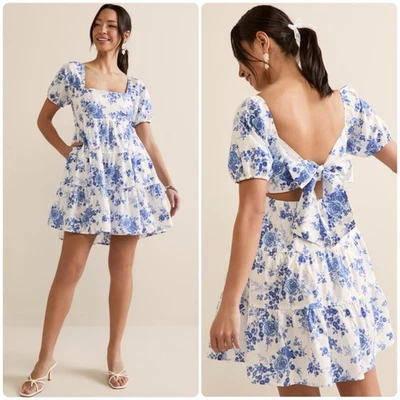 Francesca’s Tasha Rose Floral Bow Back Cotton Mini Dress White Blue Size L - Image 1 of 4