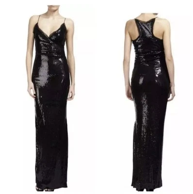 Vestido Nicole Miller Negro Lentejuelas Talla 4 Cuello en V Correa de Espagueti Corredor Espalda Sexy Vampiro Foto 1 de 4