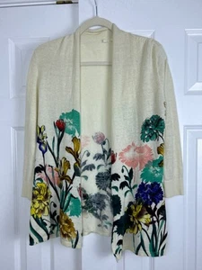 Anthropologie Moth Floral Linen Cotton Open Cardigan Lightweight Sweater Large - Picture 1 of 11