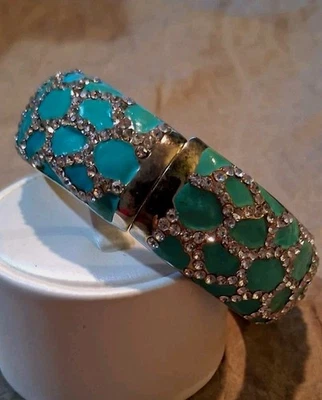 Goldtone Diamond Turquoise Blue Enamel Bangle Bracelet - Image 1 of 4