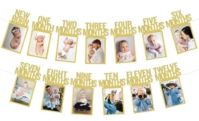 Birthday Photo Banner - Newborn to 12 Months & Gold Circle & Star Garland - Image 1 of 4